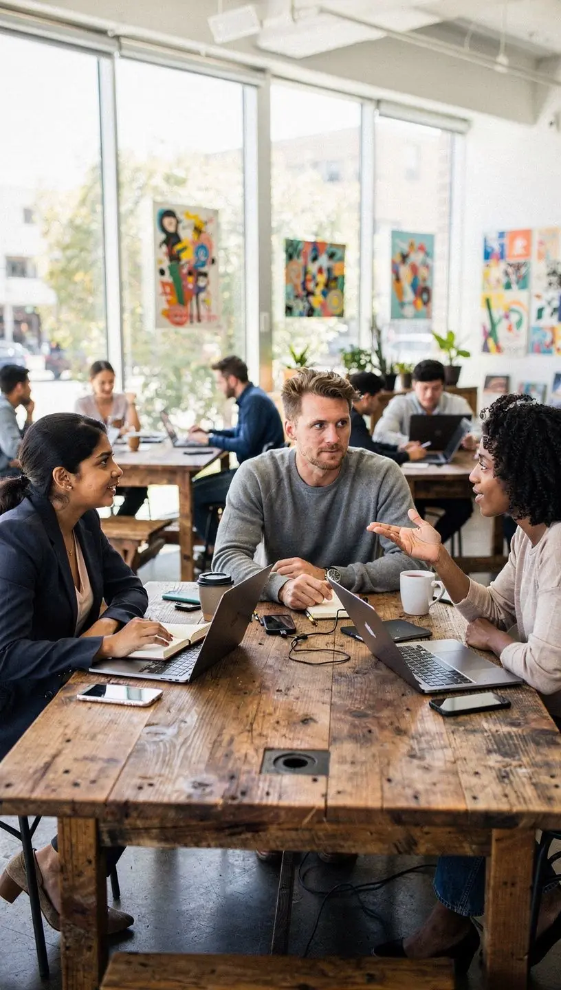 Diverse group of community members collaborating and sharing ideas in a local meeting space.